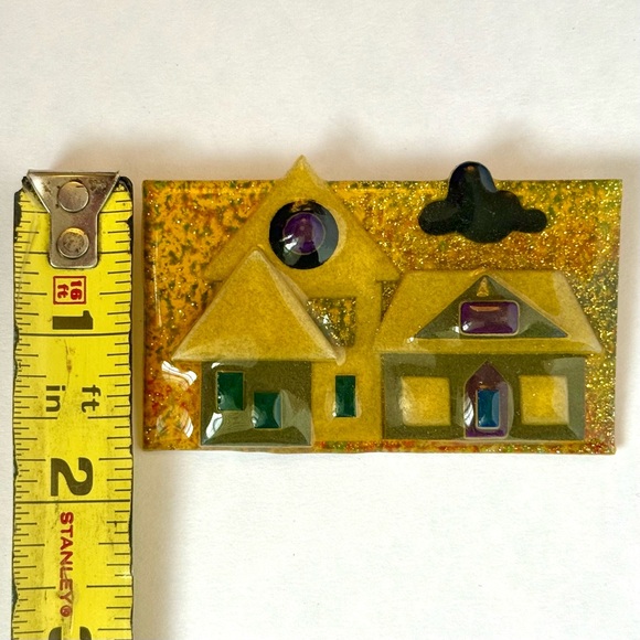 Vintage Lucinda House Pin Large Glitter Resin Houses Brooch Signed - Picture 9 of 9